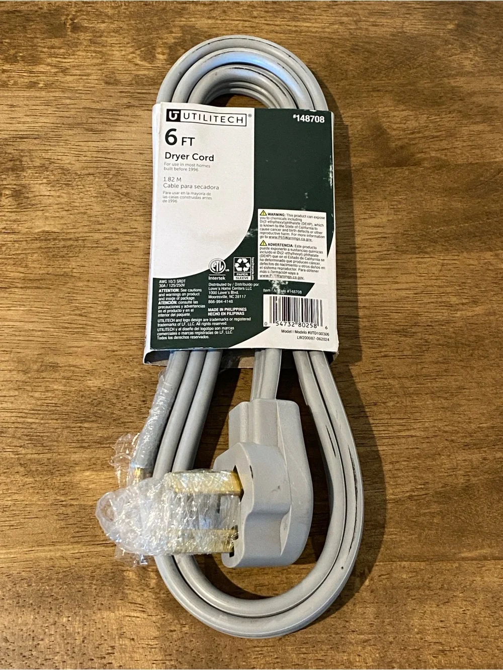 6 ft Gray Dryer Cord - 30A 10/3 Gauge